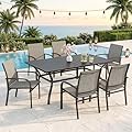 SUNSHINE VALLEY 7 Piece Patio Dining Set for 6, Rectangular Metal Table with Umbrella Hole, 6 Brown Dining Chairs, Outdoor Table and Chairs Set for Lawn Backyard and Deck