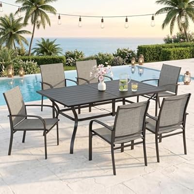 SUNSHINE VALLEY 7 Piece Patio Dining Set for 6, Rectangular Metal Table with Umbrella Hole, 6 Brown Dining Chairs, Outdoor Table and Chairs Set for Lawn Backyard and Deck