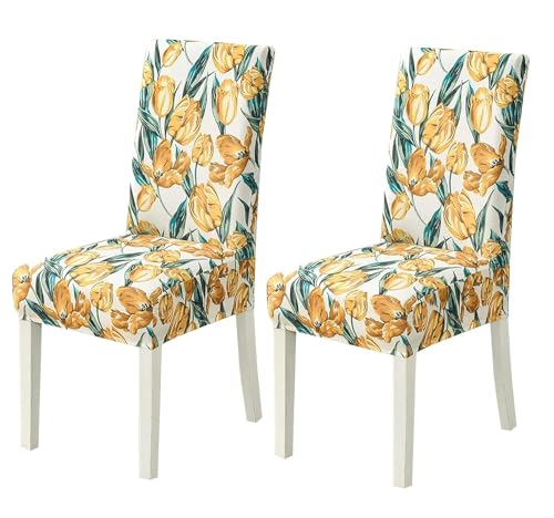 Image of Styleys Chair Covers for Dining Room, Stretch Dining Chair Cover, Washable Spandex Kitchen Chair Slipcovers (Set of 2, Orange Tulip, SD3210)