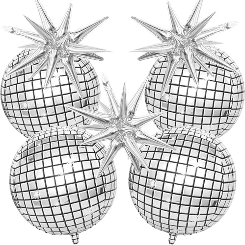 Image of 7 pcs 22Inch Silver Disco Ball Ballons, 4D Large Foil Balloons with Metallic Star for 70s Disco Dance Birthday Graduation New Year (Silver Star /Disco Ball 7pcs)