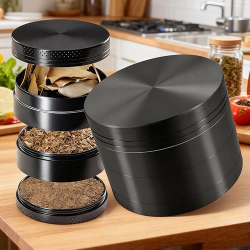 4.9cm Metall Klein Grinder Crusher mit Pollen Scraper 4-teilige Manuell Edelstahl Grinder für Gewürze, Kräuter - Tragbare Metall Gewürzmühle zum Kochen und Picknicken (Schwarz) -Generisch PyR1