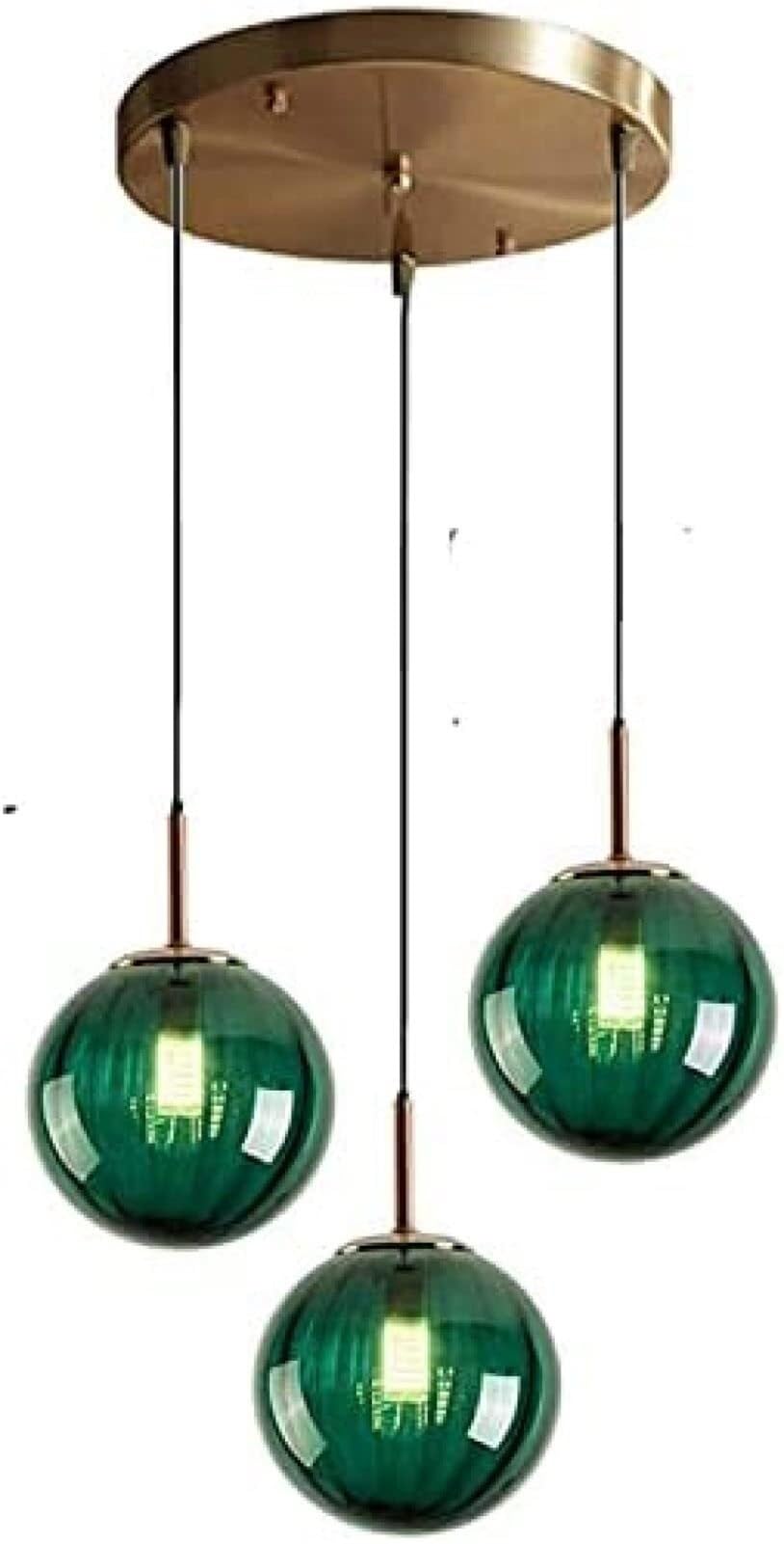 KXEcoLife Industrial Retro Loft Brass Glass Globe Pendant Lamp Chandelier Hanging Lighting Ceiling Fixture Three Way Cluster for Dining Room Kitchen Island(Green)