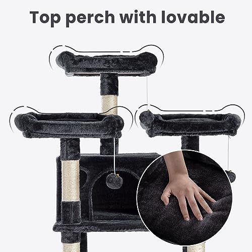Image of SHA CERLIN 68 Inches Multi-Level Large Cat Tree for Large Kitties /Big Cat Tower with Condo /Cozy Plush Pussycat Perches /Sisal Scratching Posts and Hammocks /Activity Center /Dark Grey