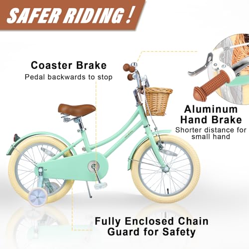 Image of Glerc Little Molly 12-20 Inch Kids Retro Cruiser Bike for 2-13 Year Old with Wicker Basket & Training Wheels /Kickstand, Multiple Colors