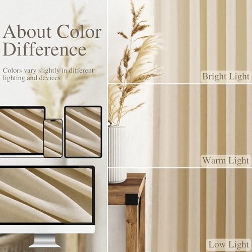 Image of Tan Linen Curtains 96 Inches Long for Living Room Rod Back Tab Vintage Rustic Farmhouse Light Filtering Curtain Burlap Textured Linen Drapes 96 Inch Dinning Room Bedroom 52x96 8FT,2 Panels