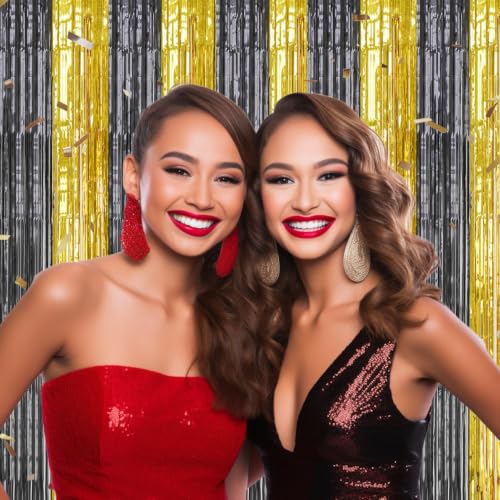 Image of DECOCKRAT 2 Pack Foil Fringe Backdrop - Black&Gold Shiny Tinsel Curtains for Party Decoration /Photo Booth Props - 3.3x6.6 FT Metallic Foil Backdrop for Birthday, Wedding, Graduation, Christmas.
