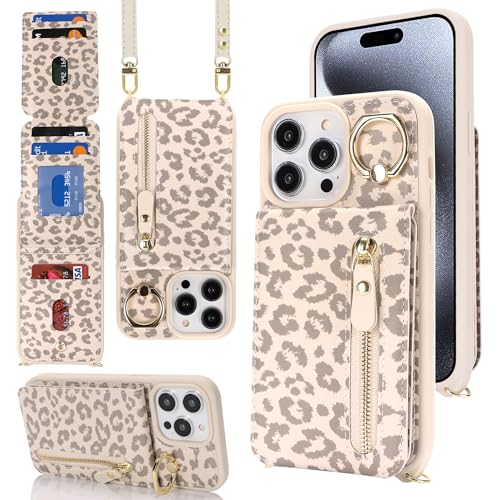 DEYHU iPhone 15 pro Case with Card Holder for Women, iPhone 15 pro Phone Case Wallet with Strap Credit Card Slots Crossbody with Kickstand Zipper Case for iPhone15pro - Rice Leopard