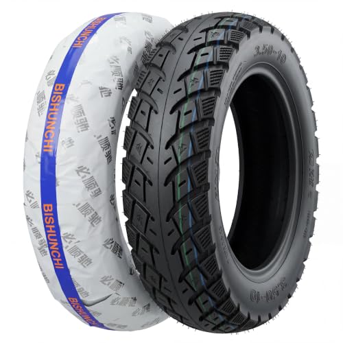 BISHUNCHI 3.50-10 Scooter Tire 3.50-10 Off-Road Tubeless Tire 10 inch Thickened Wear-Resistant Anti-Skid Tires for Front/Rear Replacement Scooters and Mopeds with 10 Inches Rims; 8PR 58G