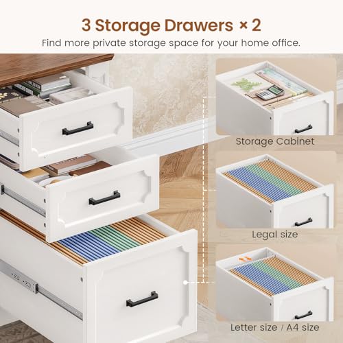 Image of SEDETA Farmhouse 110.3 inch Two Person Desk with 7 Drawers, Long Computer Desk with Storage Cabinet, 2 Person Desk with Power Outlets for Home Office, White+Brown