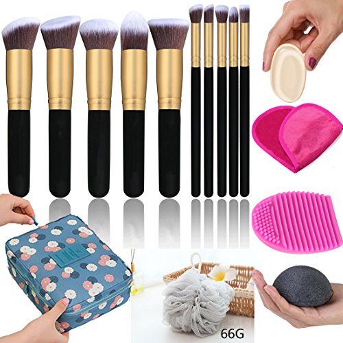 Makeup Brush Set - Makeup Cosmetic Bag, Makeup Remover Cloth Chemical Free, Cleaning Makeup Washing Brush, Konjac Sponges, Bath Shower Sponge Pouf, 2in1 Makeup Sponge Blender & Powder Puff (Black)