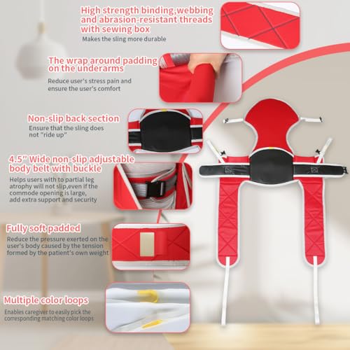 Image of EZ Assistive Patient Lift Sling with Thick Pads for Patient Lift,Shower,Toilet - Includes Waist Belt with Buckle - Head Support Option Available (Red, Large,with Head Support,with 1pc Slide Glove)