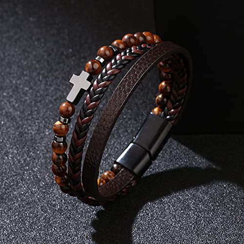 Josephine Design Leather Beaded Bracelets For Men Women Stainless Steel Cross Tiger's Eye Gemstone Healing Wrap Bracelet Jewelry Magnetic Clasp Hand Chain (Cross Tiger's Eye) #TOP3