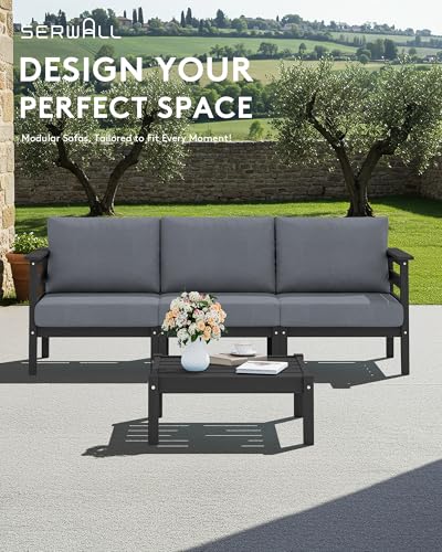 Image of SERWALL HDPE Patio Furniture Set, 4 Pieces Outdoor Sectional Sofa Set | All-Weather Wood-Like Outdoor Sofa Couch with Coffee Table, Modular Design for Flexible Combination