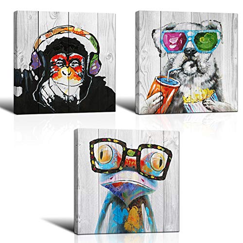 3 Piece Animal Canvas Art Abstract Frog Gorilla Dog Print on Rustic Wood Background Picture Framed Paintings Wall Art for Home Decor 12”x12”x3