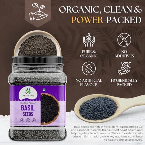 Image of Earthy Eats Raw Basil Seeds 400gm | Tukmaria Seeds | Raw Sabja Beej for Eating | Healthy Deit Snacks Smoothies, Falooda | High in Fibre & Omega 3 | Natural and Unprocessed