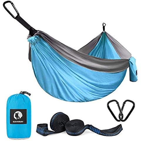 Double Camping Hammock with Tree Straps,Parachute Nylon Hammock,Lightweight Portable Hammocks for Backpacking,Travel,Beach,Yard,12 Colors (Sky Blue + Light Gray) Cover