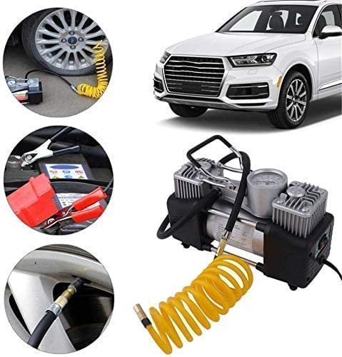 Image of Heavy Duty 12V Car Tyre Inflator Air Compressor Pump with Double Cylinder, 150 PSI Metal Body Portable Air Pump for Car, Bike, SUV, Jeep, Bicycle & Balls | Fast Inflation with Pressure Gauge