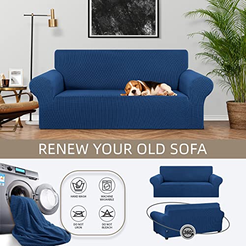 KEKUOU Stretch Loveseat Sofa Cover Slipcover,Couch Covers for 2 Cushion Couch Sofa (55"-78") Furniture Protector Sofa with Elastic Bottom for Kids,Dog. Jacquard Small Checked (Medium,Classic Blue)