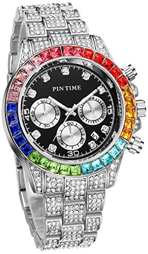Gosasa Mens Womens Full Diamond Watch Bling-ed and Colorful Dial Hip Hop Rocks Crystal Stainless Steel Bracelet Wrist Watch4