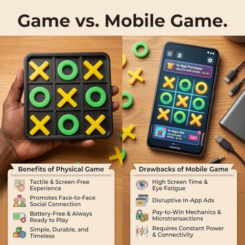 Image of Tic Tac Toe Board Game for Kids & Adults | XO Strategy Puzzle with Coins | Travel Friendly Family Game | Brain Teaser Gift | Cross Zero Play Set (Black)