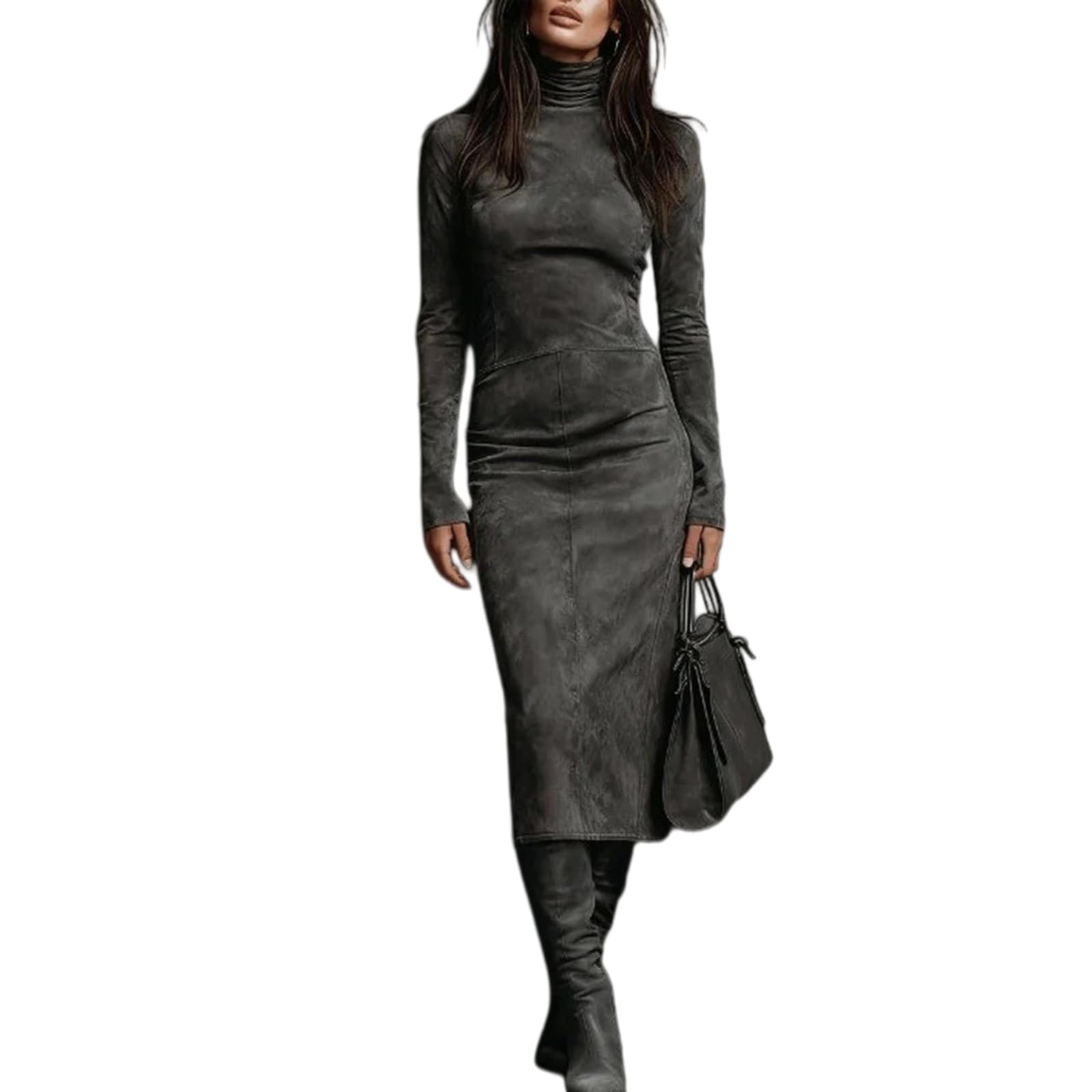 Vestito Donne Slim Fit Midi Abito, Mezzo Alto Collo Manica Lunga Abito Elegante Moda Festa Primavera Autunno-Dark Brown-l