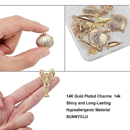 SUNNYCLUE 1 Box 16Pcs 8 Styles Real 14K Gold Plated Charms Bulk Gold Sea Theme Charms Starfish Seahorse Pendants for Earring Necklace Bracelet Jewelry Making Supplies - Image 3