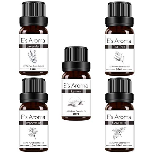 【Amazon限定ブランド】E's Aroma アロマオイルセット 100%純正 エッセンシャルオイル 厳選精油10ml 5本セット プレゼントに最適 レモン ラベンダー ペパーミント スペアミント ティーツリー (ピュア ハウス)