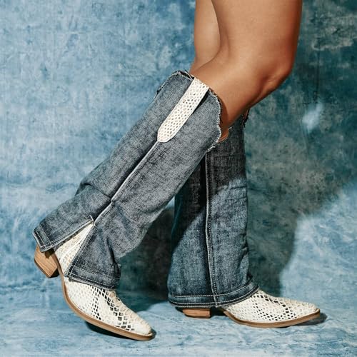 Betastella Womens Denim Knee High Cowboy Boots Snakeskin Cowgirl Boots Fold Over Chunky Heel Snip Toe Western Boot2