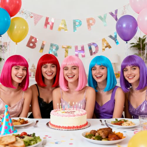 Image of PLULON Red Bob Wig with Bangs, Short Straight Bob Wig with Heart Sunglasses 12 Inch Shoulder Length Heat Resistant Synthetic Hair Cap for Women Natural Look Daily Use Cosplay Costume Party