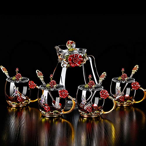 Crystal Glass 3D Butterfly Flower Tea Cups, Coffee Cup Mug Set, Including 4 Fancy Glass Teacup with Spoon & Flower Tea Steeping Mug with Lid, Gift Box Package, A Great Gift Present Idea. (Red 11oz)