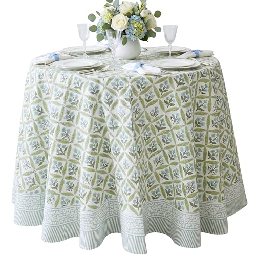 ATOSII Netta Green 100% Cotton Round Boho Fall Tablecloth, Handblock Floral Table Cloth Linen for Kitchen Dining I Parties Weddings Outdoors Picnics Easter Mothers Day I 60" Inches Round I 4 Seater