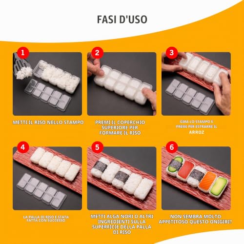 Terza immagine PUKPU Kit Sushi 15 Pezzi – Sushi Maker Fai da Te per Casa con Stampi Nigiri, Tappetino Bambù, Coltello, Bacchette, Ciotola, Vassoio e Guida