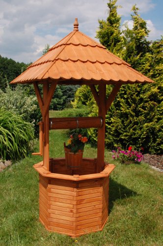 Deko-Shop-Hannusch Zierbrunnen, Holzbrunnen, Gartenbrunnen, Brunnen 2,15 m, Dach 1,10x1,10m, imprägniert