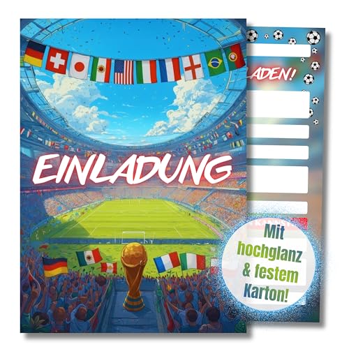 HIDEBLOOM Fußball Einladungskarten Kindergeburtstag Jungen und Mädchen - 12 Stück - DIN A6 (10 5 cm x 14 8 cm) - Geburtstagseinladungen Einladungskarten Geburtstag - WM Meisterschaft