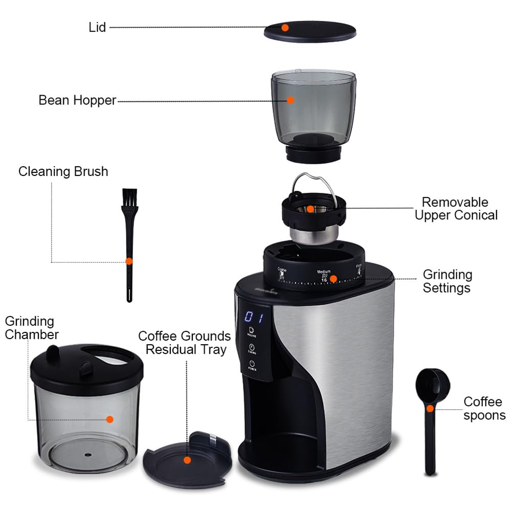 Molinillo de café eléctrico fresas cónicas, pantalla táctil grande 275 g, con 31 ajustes molienda, molinillo automático un solo botón, for goteo, moca y a mano