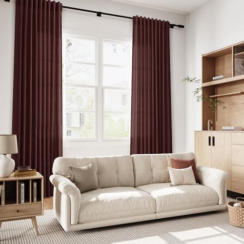 Image of Nanspring Reddish Brown Linen Blend Light Filtering Back Tab Curtains 108 Inches Long, Semi Sheer Privacy Drapes for Living Room & Bedroom, 52x108 inch, 2 Panels