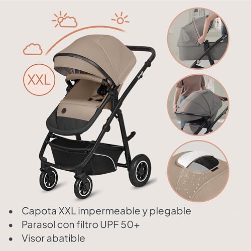 LIONELO BIANKA Carrinho de bebé 3 em 1 (22 kg) porta-bebés (9 kg) cadeira de carro (13 kg), dobrável, sistema de viagem encosto ajustável rodas 360o amortecimento, capô XXL, carrinho de bebé (bege)