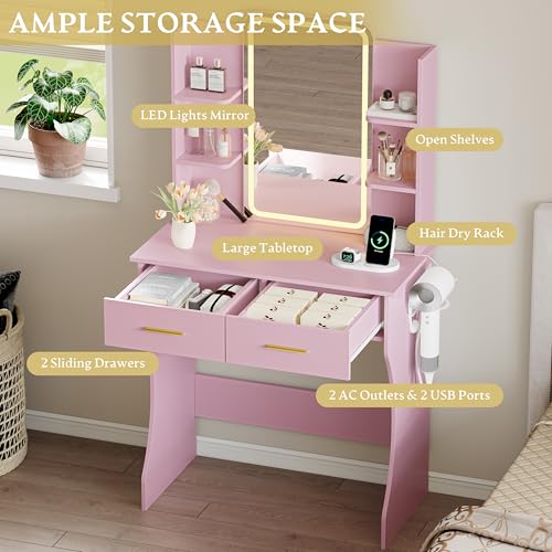 Image of Xixini Vanity Desk with LED Lights Mirror & Power Outlet, Small Makeup Vanity Table Set with Storage Drawers, 3 Lighting Modes & Adjustable Brightness, Dressing Table for Women Girls Bedroom, Pink