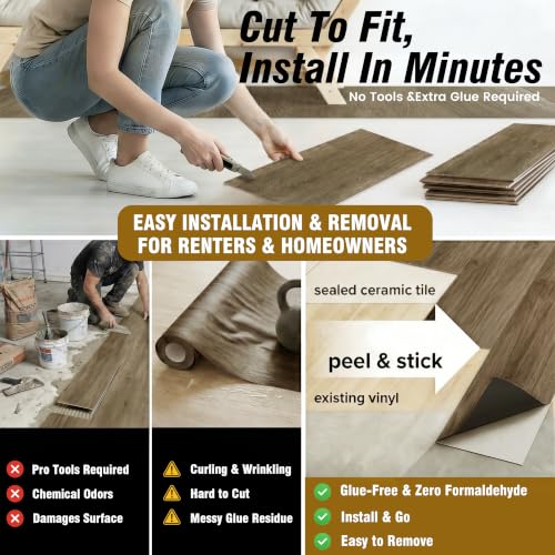 Image of Waterproof Peel and Stick Floor Tile, 54 Sq.Ft Saddle Walnut Brown Vinyl Wood Flooring, Easy DIY-Install & Durable for Kitchen, Bedroom, Bathroom, RVs, Rental-Friendly (36-Planks 6 inchx36 inch)