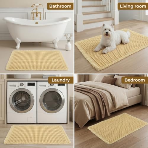 Image of HASTHIP Waffle Bath Rug Absorbent Non Slip Bath Mat Cream White