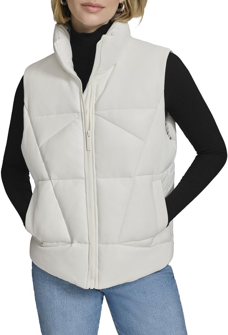 Andrew Marc womens Puffer Faux Leather Zip Front Vest