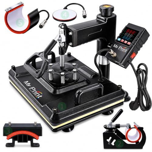 Image of MY PRINT | Heat Press 5 in 1 Digital Multi Functional | DTF PRINTING | Sublimation Printing | Vinyl Printing Machine for T-Shirts [Any Flat Product] with Cap Press, Plate Press, 11Oz Mug Press, with extra Mug Attachment | 12x15 Inch | For Business Supplies [Teflon Attached] (New Arrival 5in1)