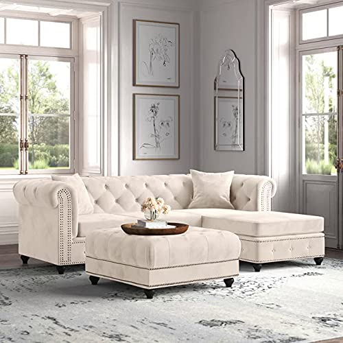 Homax. SF164 Solid Sal Wood Suede Velvet Upholstered Sofa 3 Seater Right Hand Side Facing Biscuit Tufted Chesterfield Sofa Modular, Sectional, Corner L Shaped Sofa Set for Living Room, Cream Color-image-4