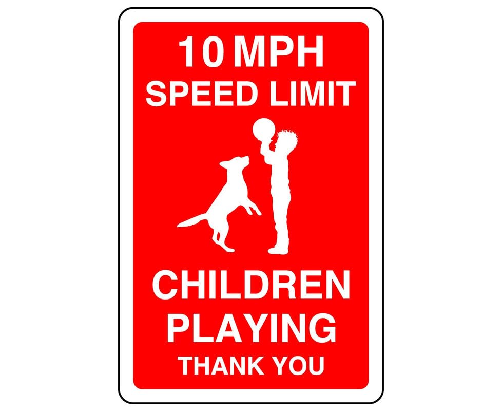 10mph speed limit children playing thank you- High tack self-adhesive sticker (400mm x 300mm) Ensures safety within 4m viewing distance, promoting road safety.
