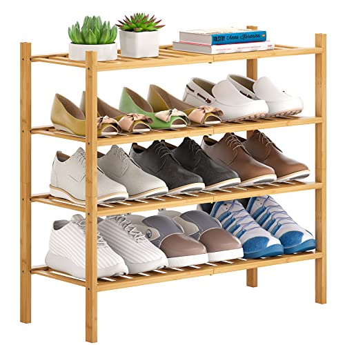 FILWH Bamboo Shoe Rack Stackable Shoe Shelf Storage Organizer for Unit Entryway Hallway and Closet Sturdy Freestanding Shoe Shelf (4 Tier Natural)