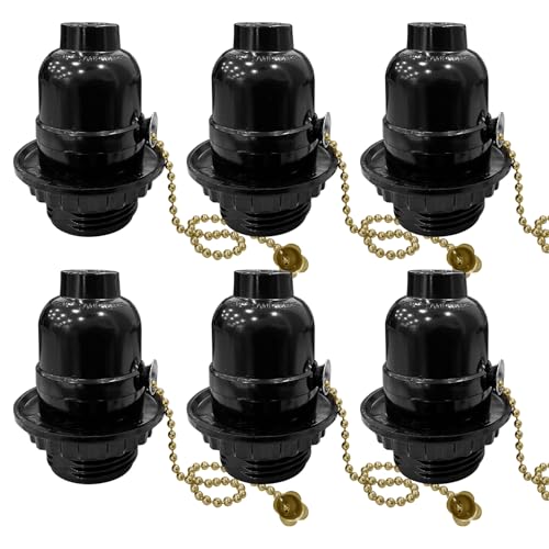 6Pcs E26 Lamp Socket with Pull Chain Switch, Threaded Lamp Socket Replacement, Medium Base Light Sockets with Lamp Shade Ring for Table, Floor Lamp, Lamp Repair Parts Kit