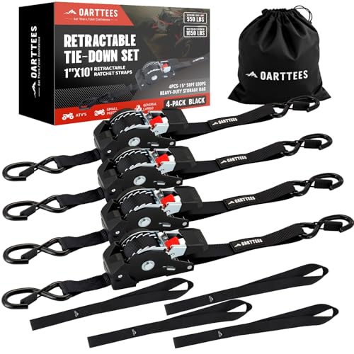 Retractable Ratchet Straps (4-Pack) - 1 Inch x 10 Feet (1,650lb Break Strength) - Heavy Duty Auto Self Retracting Tie Down Straps for Truck, Cargo Trailer, Motorcycle, ATV, UTV - Black