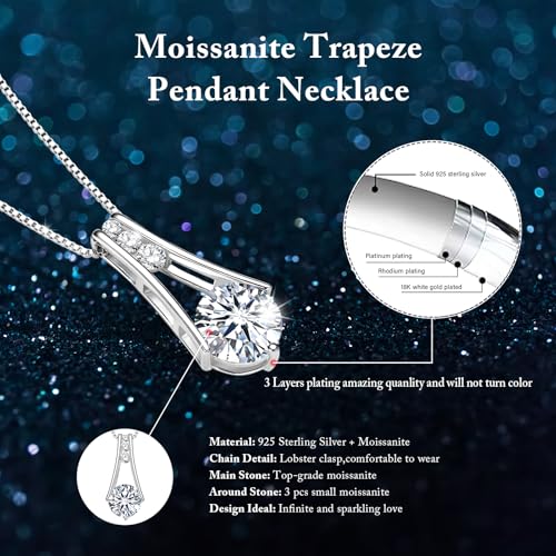 Moissanite Necklace for Women, 18K White Gold Plated Sterling Silver 1-3 Carat D Color Lab-Created Simulated Diamond Pendant Anniversary Birthday Christmas Jewelry Gift for Her Mom Wife, 18+2 Inch2