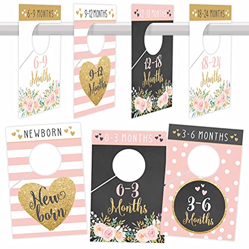 Image of Hadley Designs 7 Pink Gold Baby Nursery Closet Organizer Divider For Girl Clothing, Floral Age Size Hanger Organization For Kid Toddler, Infant, Clothes Must Have, Shower Registry Gift, 0-24 Months