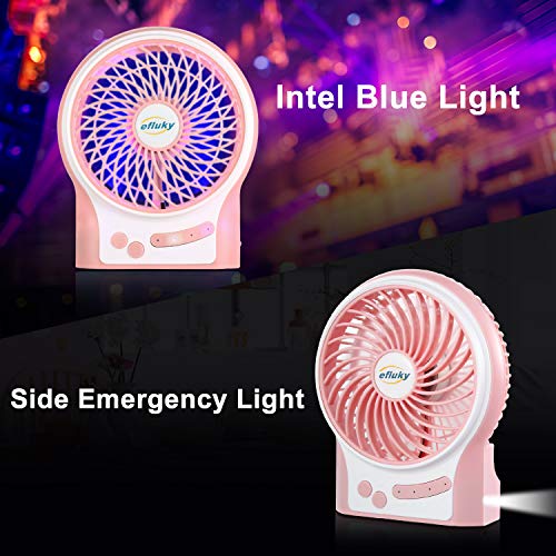 efluky 3 Speeds Mini Desk Fan, Rechargeable Battery Operated Fan with LED Light and 2200mAh Battery, Portable USB Fan Quiet for Home, Office, Travel, Camping, Outdoor, Indoor Fan, 4.9-Inch,Pink